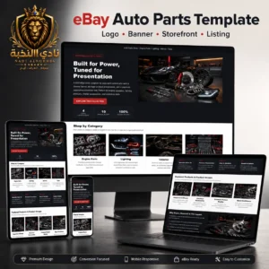 eBay Auto Parts Store Template قالب متجر eBay لقطع السيارات بتصميم احترافي يعرض واجهة متجر لقطع المحركات والإضاءة والمقصورة والأدوات على أجهزة متعددة | Premium eBay auto parts store template showing a professional storefront for engine parts, lighting, interior accessories, and tools across multiple devices