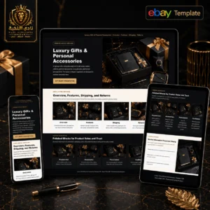 eBay Luxury Gifts Personal Accessories Template قالب متجر eBay للهدايا الفاخرة والإكسسوارات الشخصية بتصميم احترافي يعرض واجهة متجر للهدايا والساعات والمحافظ والعطور والإكسسوارات | Premium eBay luxury gifts and personal accessories template showing a professional storefront for gifts, watches, wallets, perfumes, and accessories