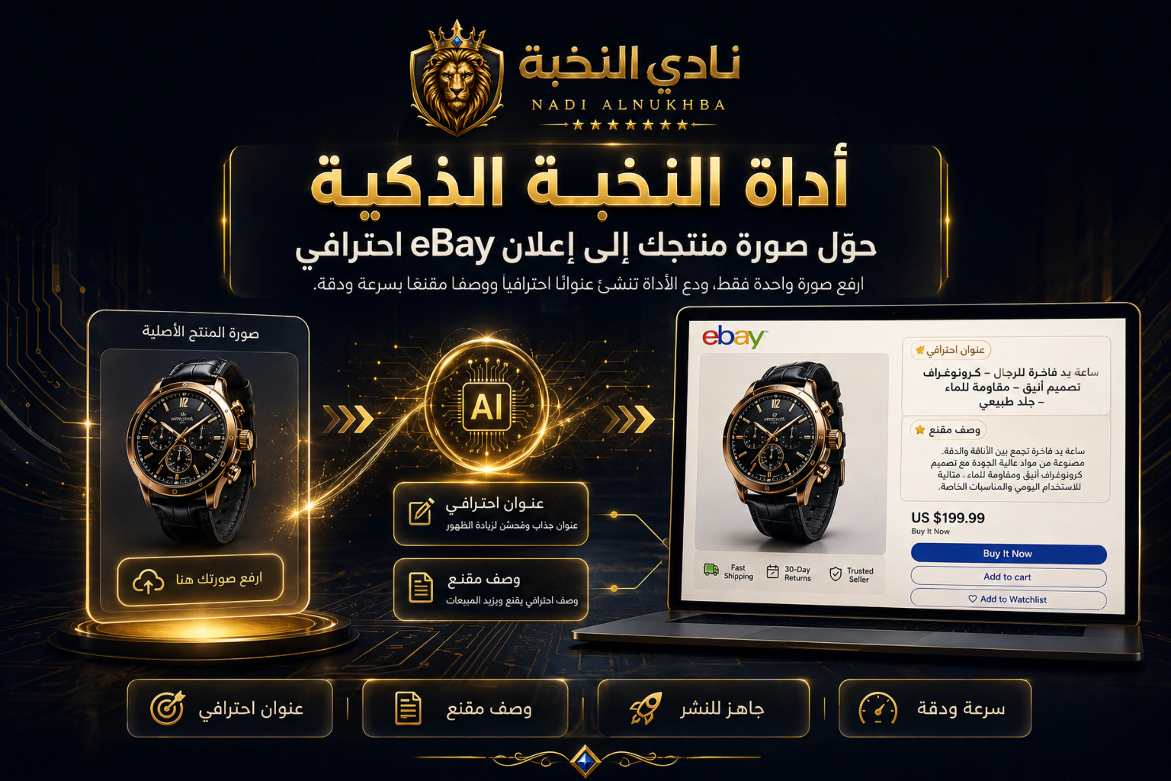 أداة النخبة الذكية لتحويل صورة المنتج إلى عنوان ووصف eBay احترافي